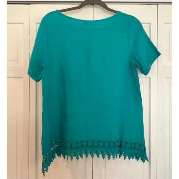 Terzo Millenio NWT turquoise linen crochet lace trim blouse small - Picture 8 of 9